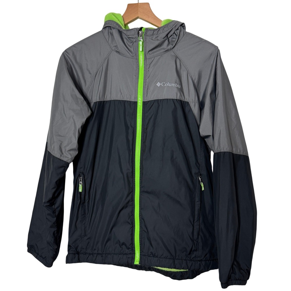 Columbia Kids Hooded Windbreaker Jacket Grey Lime Green Fleece Lined Boys Large